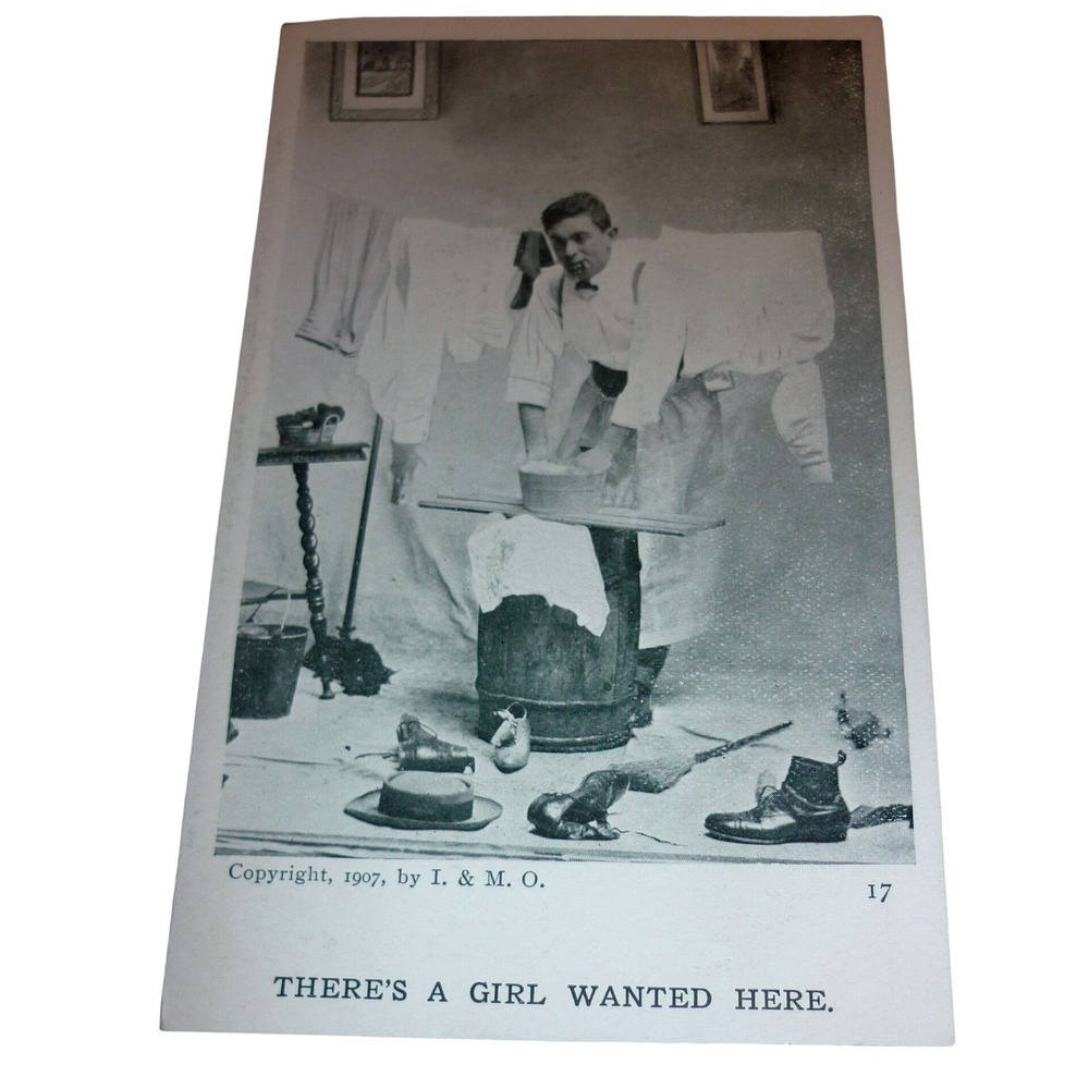 1907 I.‎ & M. O. Antique Postcard There's A Girl Wanted Here Humor Laundry Comic